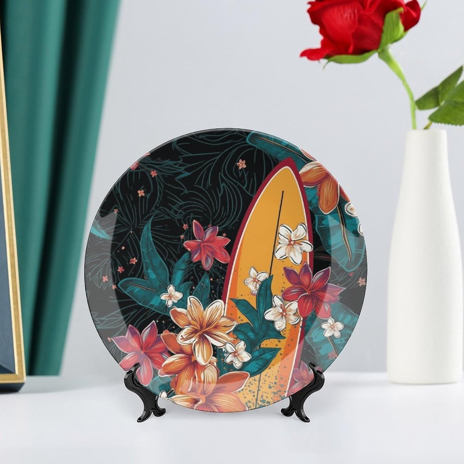 Surfboard And Flowers Bone China Decorative Plate with Display Stand, Ceramic Ornaments Plate for Wall Hanging, Personalized Porcelain Plates for Office, Living Room 8inch