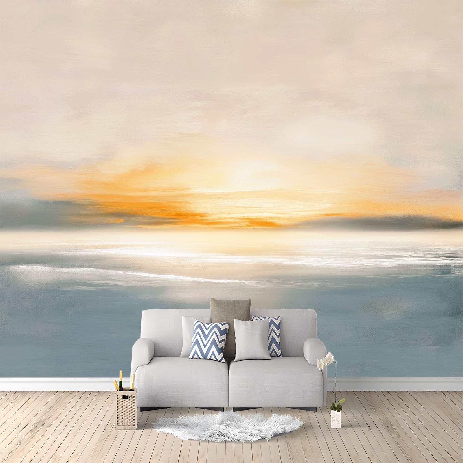 Panoramiczna tapeta 350 x 256 cm (szer. x wys.), włóknina ścienna abstrakcyjny minimalistyczny nadmorski wschód słońca - do salonu pokoju dziecięcego i beżowa dekoracja ścienna