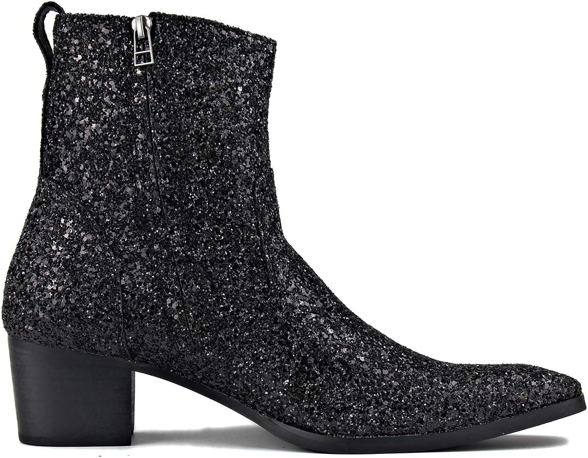 OSSTONE Dress Boot for Men Leather Glitter Chukka Designer Boots Casual Heel Shoes Zipper-up - Image 4