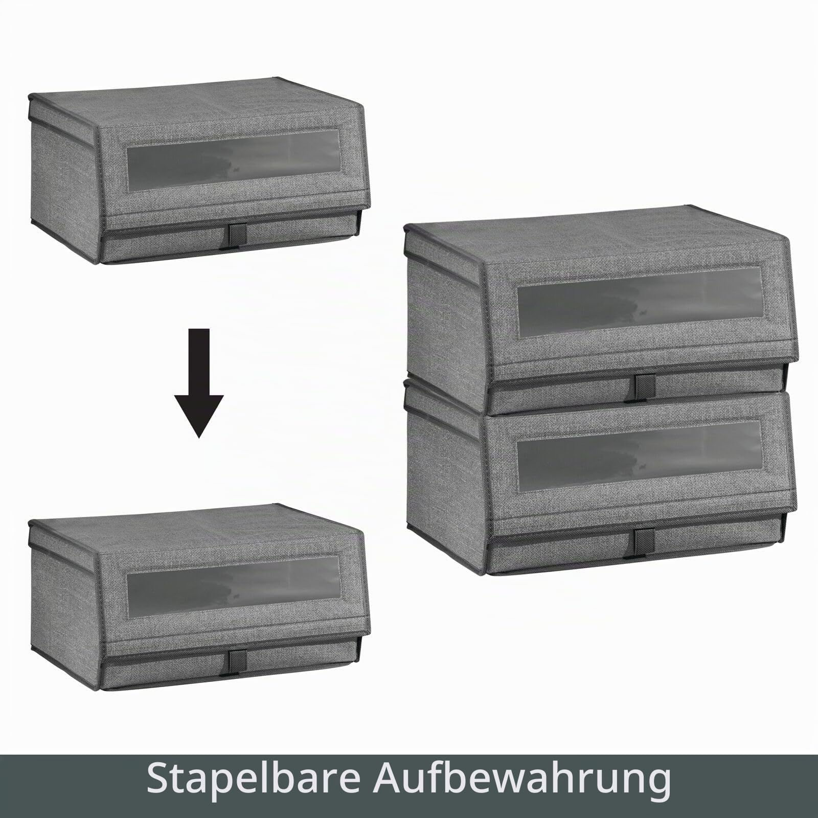 mDesign 8er-Set Schuhaufbewahrung aus Stoff – stapelbare Schuhbox mit Sichtfenster, Klettverschluss und Klappdeckel – Aufbewahrungsbox für den Schrank oder das Regal – dunkelgrau
