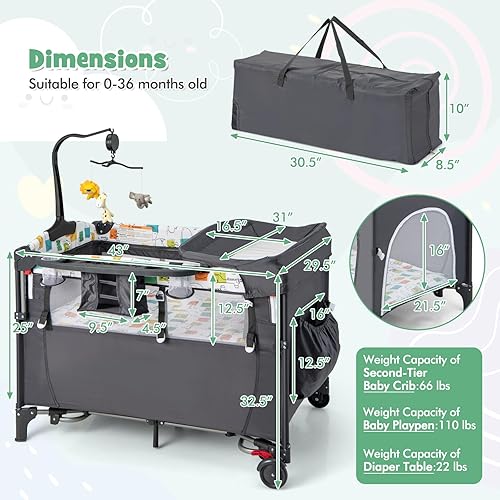 Miniatura 8 de HONEY JOY Cama de noche para bebé, paquete 6 en 1 con moisés infantil, cambiador de pañales y patio de juegos portátil con puerta con cremallera, 4