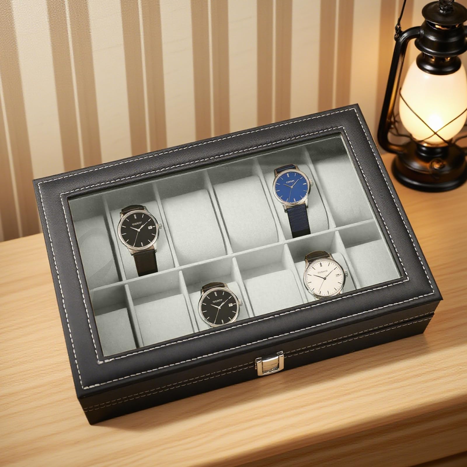 Caja de Relojes 12 Compartimentos Estuche de Relojes de PU con Cubierta de Cristal acrílico y almohadillas extraíbles unisex para regalo o almacenamiento personal