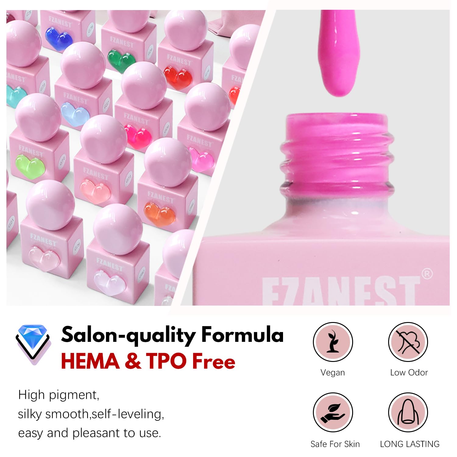 FZANEST 30pcs Gel Nail Polish Set, HEAM-free TPO-free Professional 10ml 26 Bright Spring Summer Candy Colors DIY Gel Nail Kit with Base Top Coat, Matte Top & Blooming – Unique Pink Heart Shaped Bottle