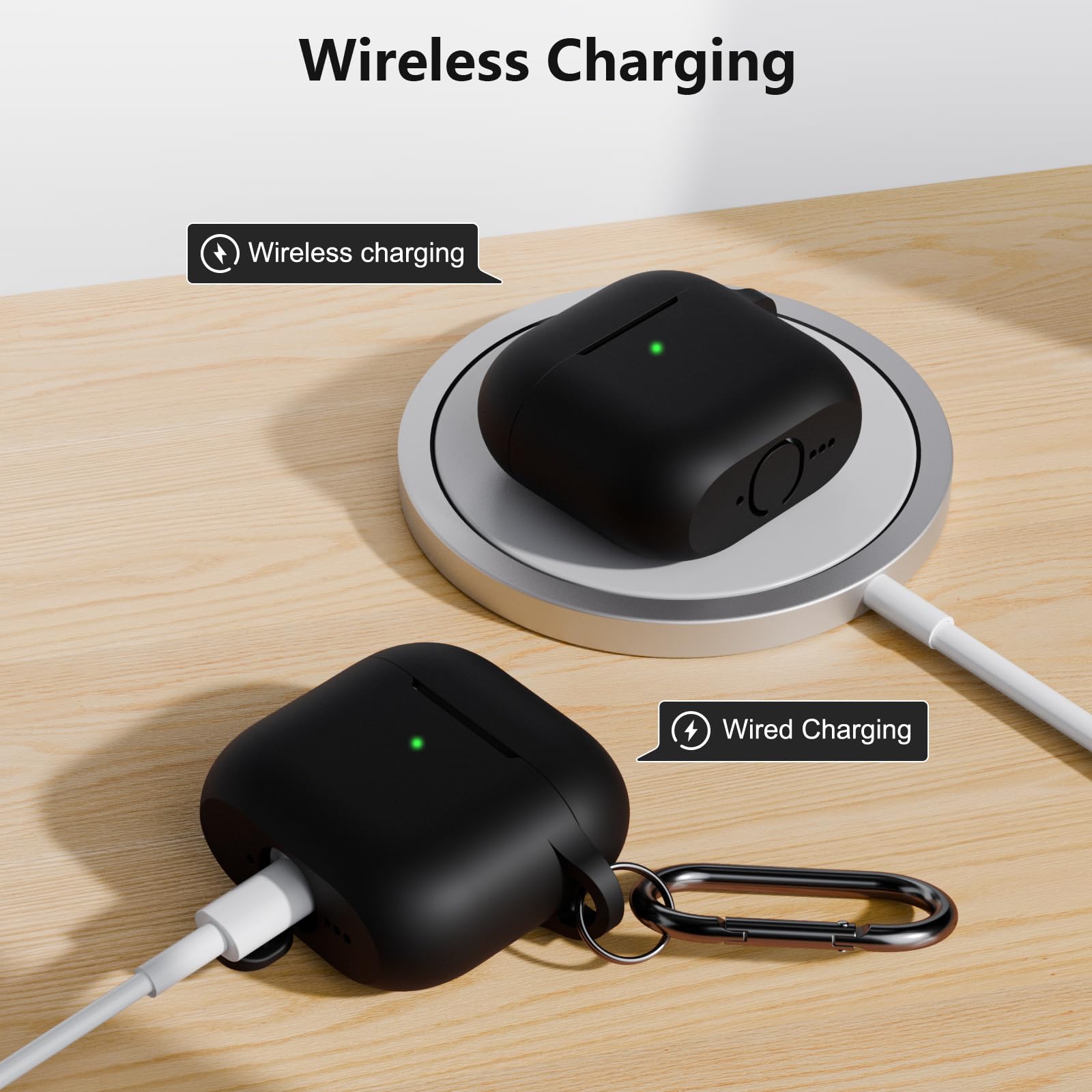 KOKOKA Custodia Case Compatibile con AirPods 4 2024 con Kit di Pulizia, Case Cover Protettiva in Morbido Silicone per AirPods 4ª Generazione con Moschettone, LED Anteriore Visibile, Nero - 5