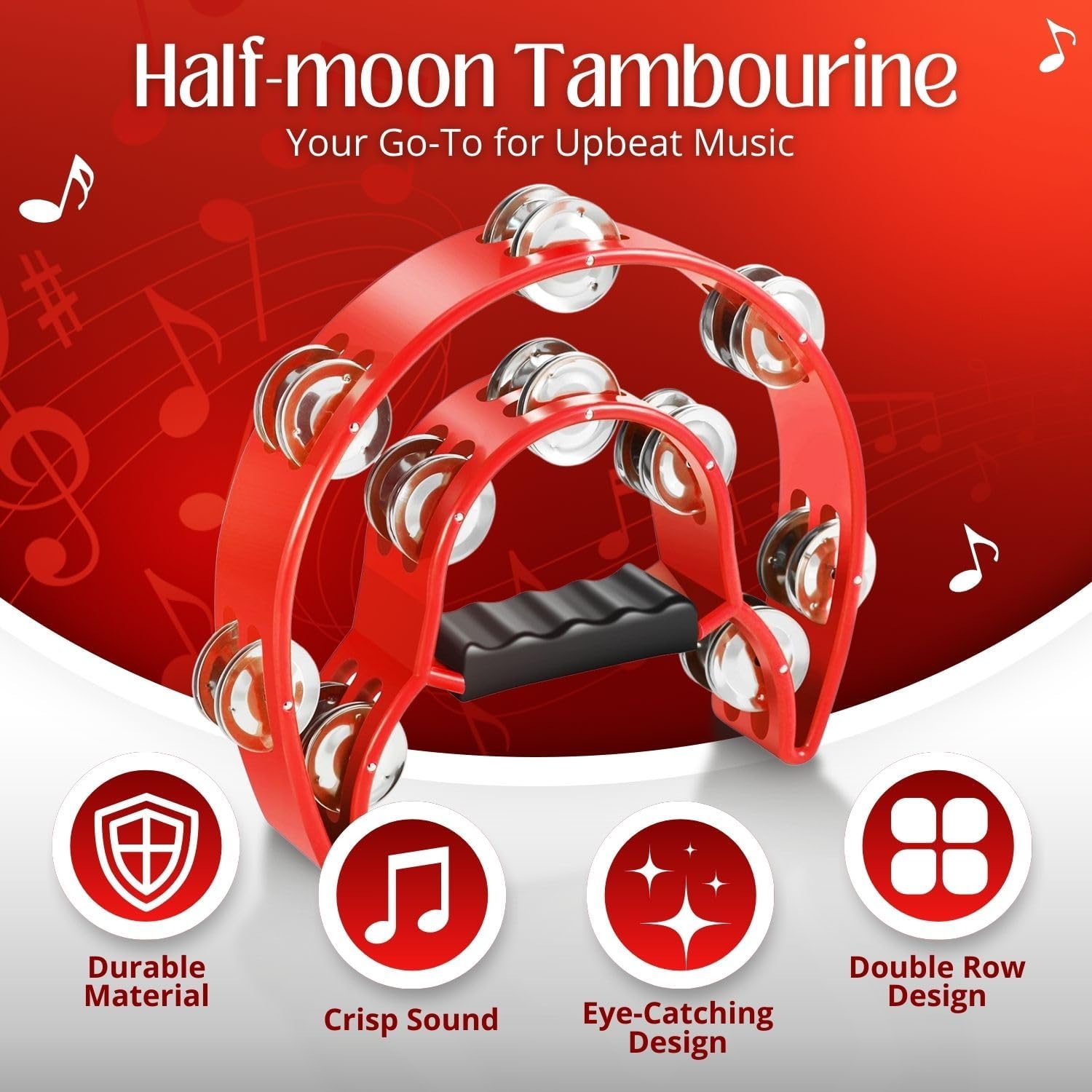 Flexzion Tambourine Metal Half Moon Musical Instruments Double Row Metal Jingles Hand Held Instruments Percussion with Ergonomic Handle Grip, Tambourines for Adults, 2 Packs - Red