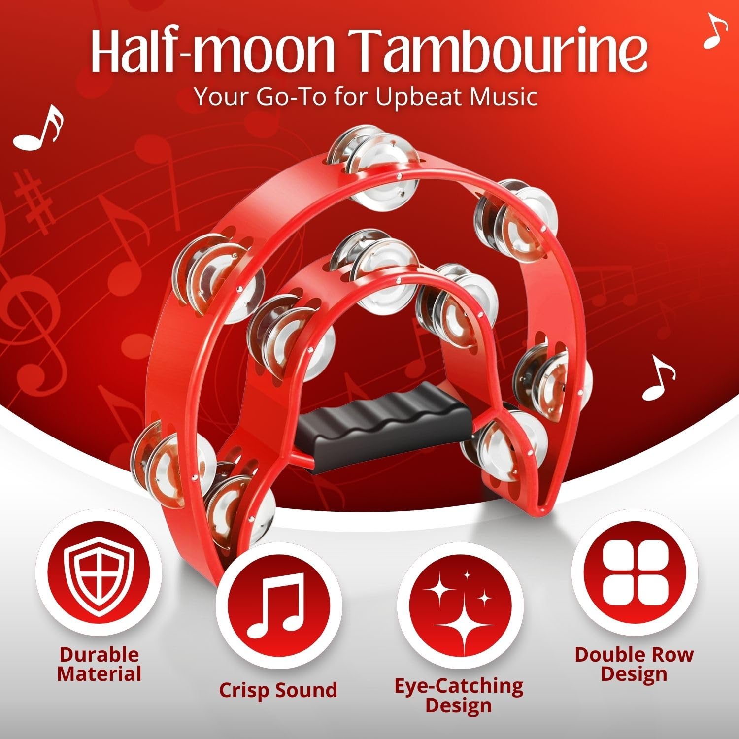 Flexzion Tambourine Metal Half Moon Musical Instruments Double Row Metal Jingles Hand Held Instruments Percussion with Ergonomic Handle Grip - Image 2