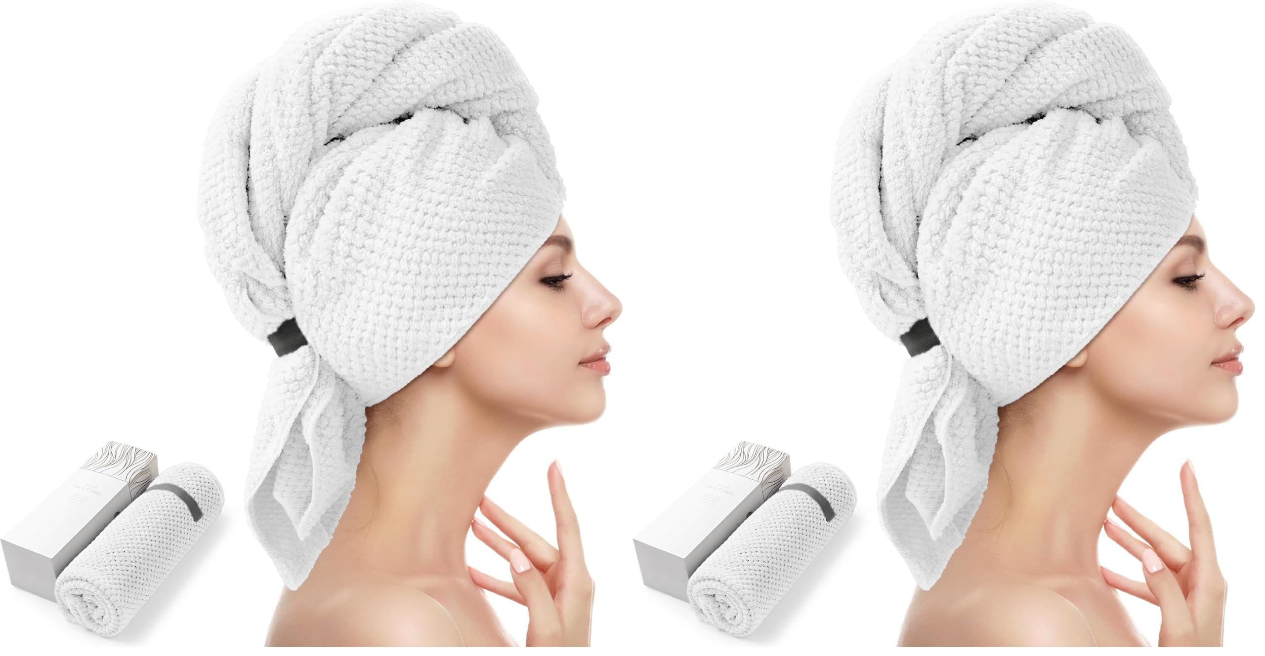 YFONG X-Large Hair Towel Wrap for Women, Super Absorbent Microfiber Hair Towel for Curly Hair, Fast Drying Hair Turbans with Elastic,Hair Drying Towel Wrap for Hair Care 30" X 40" (White) (Pack of 2)