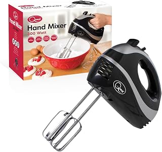Quest 35810 Electric Hand Mixer / Complete With Chrome Beaters, Dough Hooks & Balloon Whisk / 5 Speed With Turbo Function / 300W / Black Colour