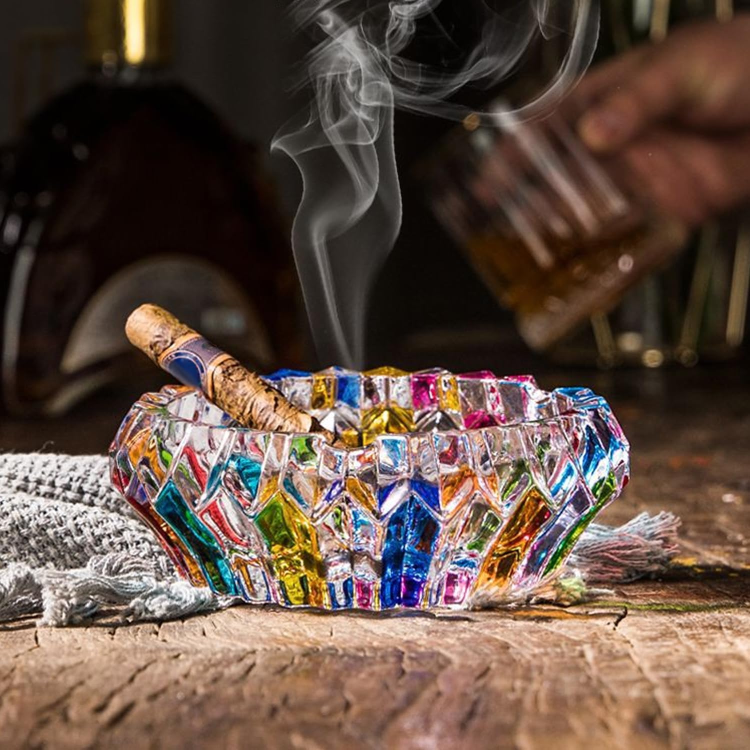 VOVCIG Glass Ashtray, Colorful Ashtray Cigar Cigarettes Holder Ash Tray Home Office Desktop Decoration