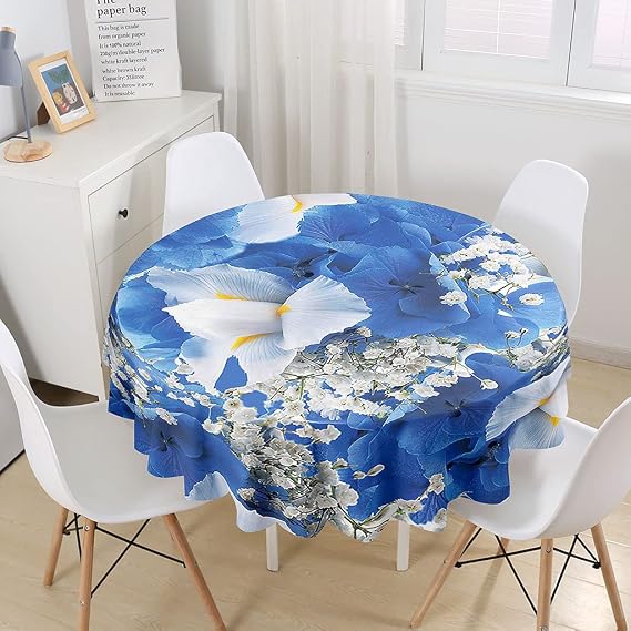 Round Table Cloth Waterproof Dust-Proof Tablecloths, Treer 3D Polyester Wipeable Circular Table Cover Flower Printing Table Protector for Kitchen Dining Room Party Indoor Outdoor (Iris,100cm)