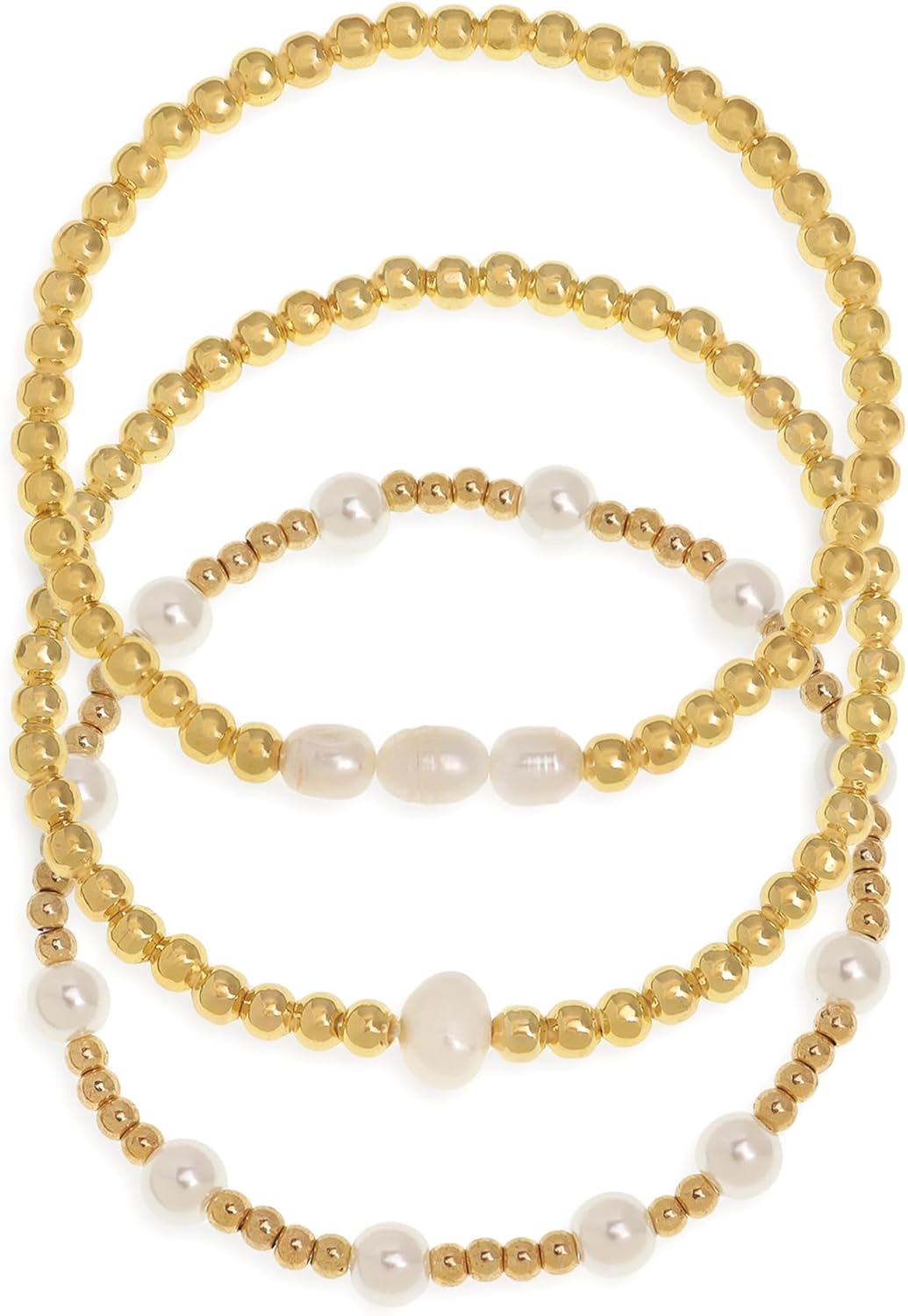 Gold Beaded Ball Stack Bracelets Set for Women, 3Pcs Trendy Boho Handmade Stackable Freshwater Pearl Beads stretch Bracelet Holiday Prom Jewelry Gift.