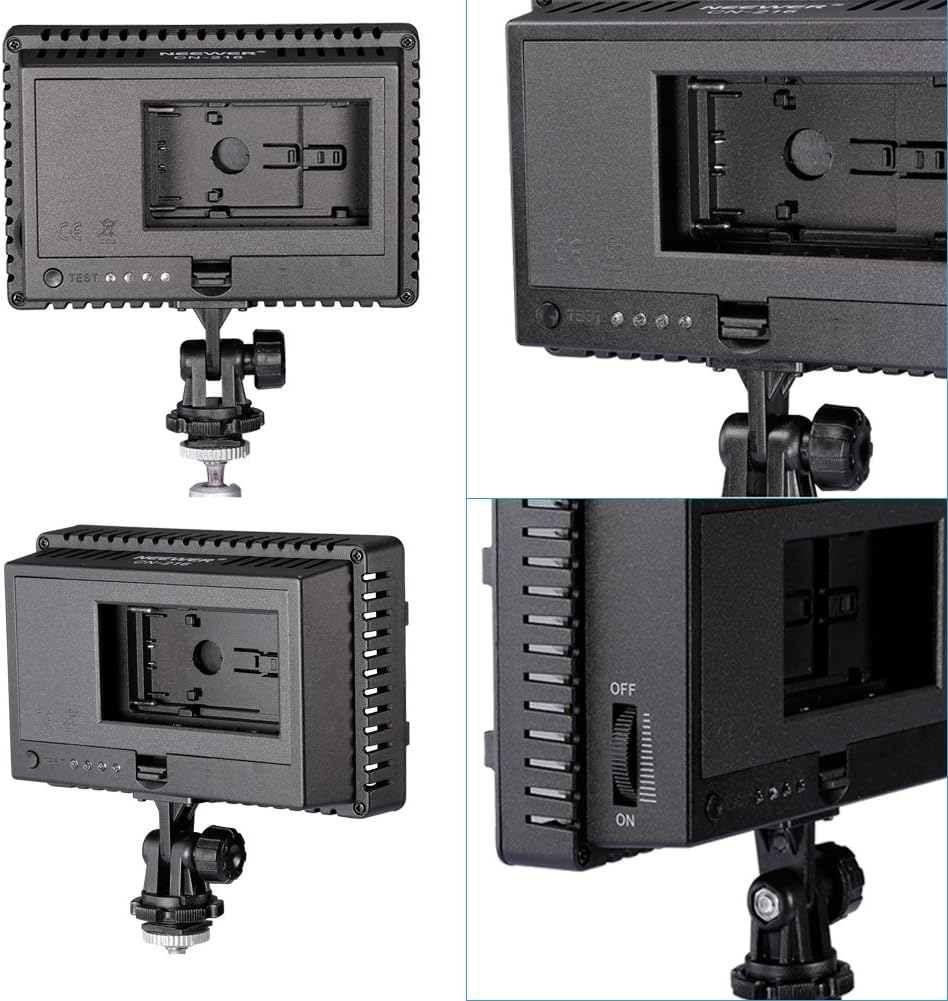 Detaljeret views of the Neewer CN-216 LED Video Light's rear panel, showing battery compartment, power switch, and dimmer dial