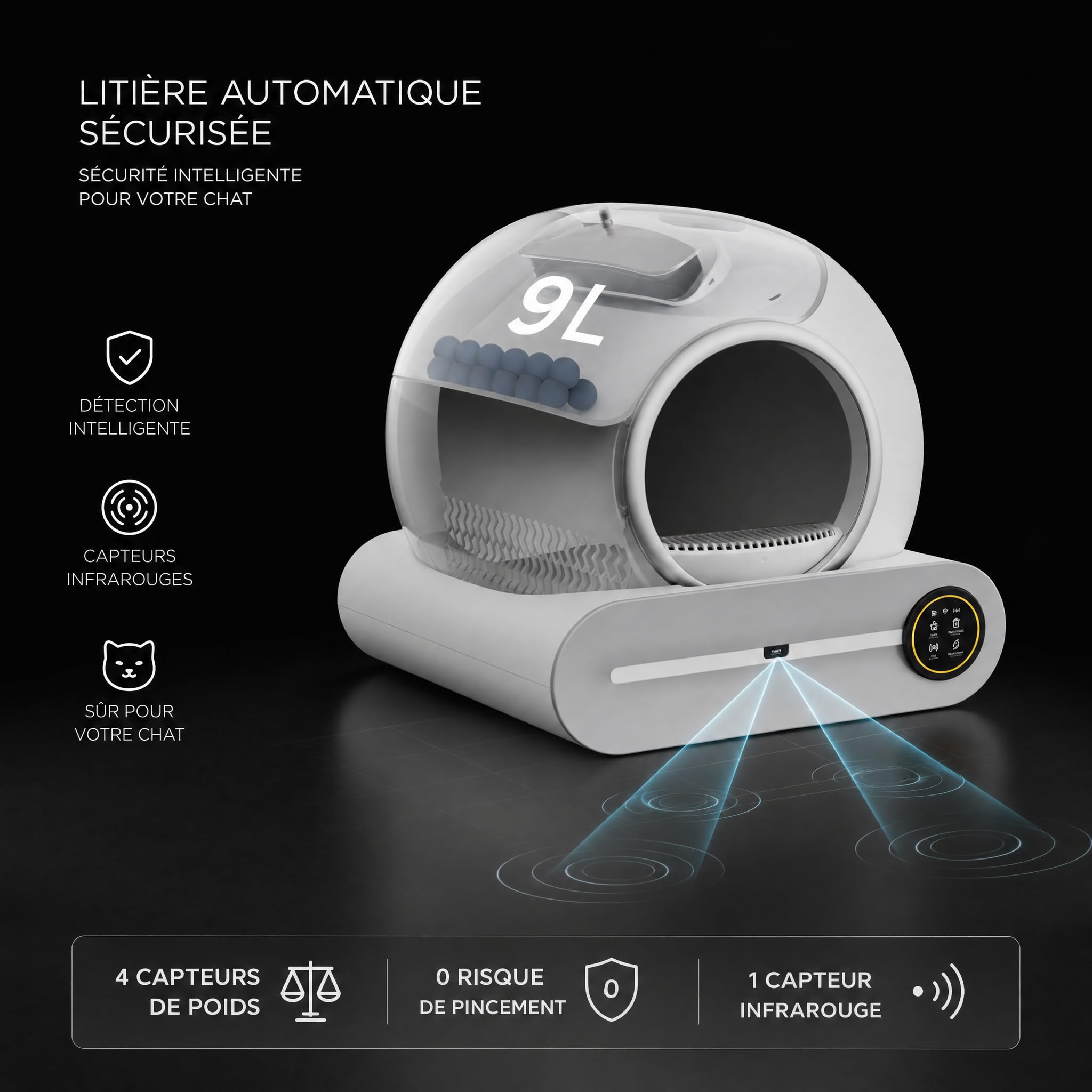 Bac à litière autonettoyant de 65 + 9 litres, avec Commande Via Application, désodorisation par ions et Suivi de la santé – 5 Sacs à litière Inclus, idéal pour Les foyers accueillant Plusieurs Chats