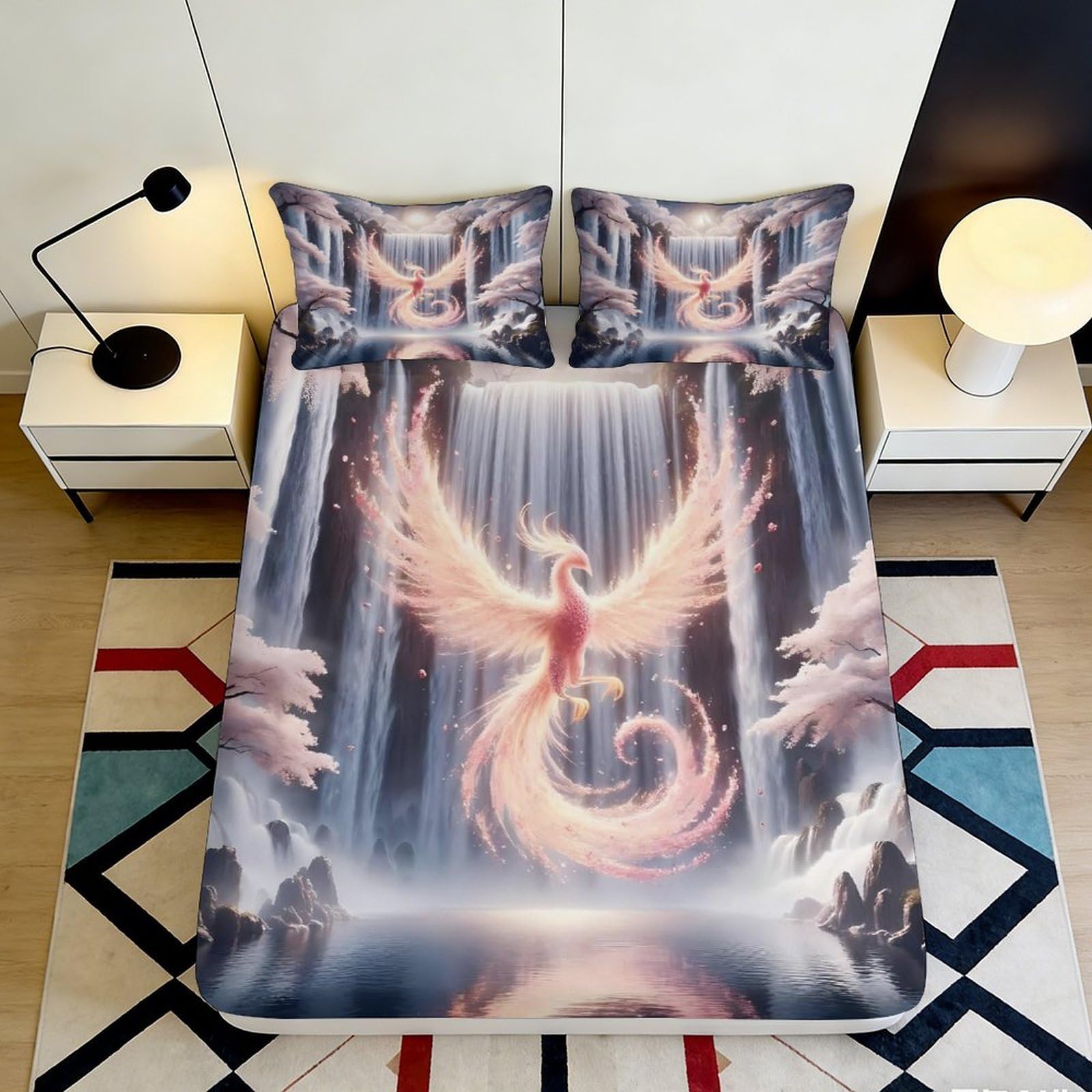 Pnayamiorkfel Style-8 3D Printed Phoenix Waterfall Fitted Sheet Microfiber Soft Bedroom Decor Mattress Cover Anti-Dust For Home Guest Room 90X200x25cm