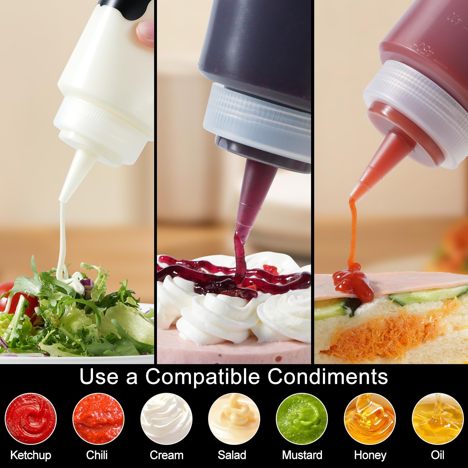 Sopito Flacone da spremere, Bottiglia da 6 Pezzi, 450 ml, Riutilizzabile con ugelli, Tappi, Etichette, Penna e Pennello, flacone dosatore per Ketchup Senape Hot salces Olio pigmento