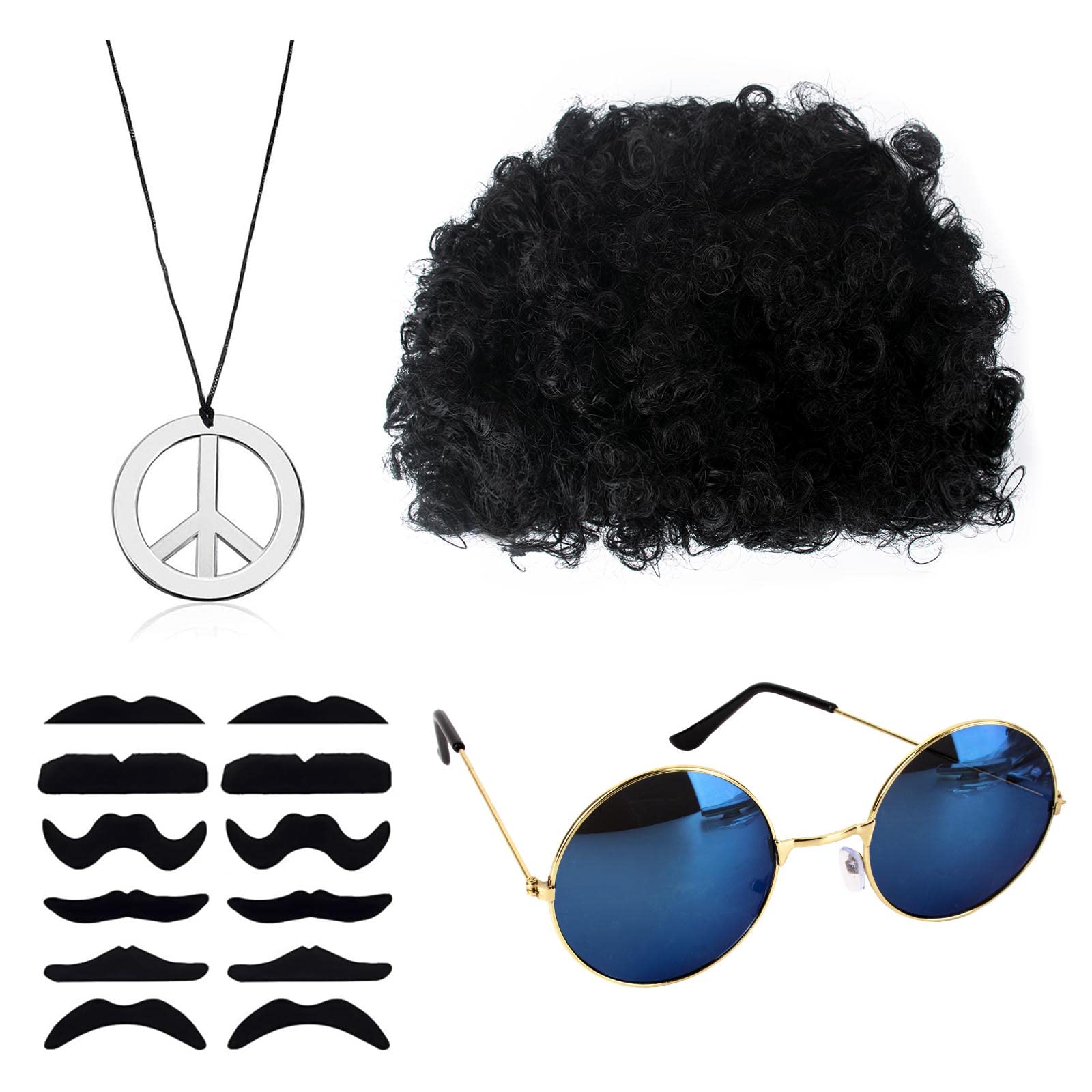 AWAVM Hippie Costume Set, Funky Afro Wig, Sunglasses, Moustache and Peace Sign Necklace, for 50/60/70s Theme Party, Mens & Womens Pop Hippie,70s Fancy Dress Mens, Fake Moustache