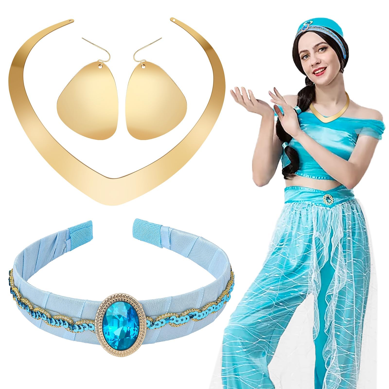 Aomig Księżniczka Aladdin zestaw opasek na czoło i akcesoria, 3 sztuki, arabska kostium i naszyjnik, kolczyki, jaśmin, na karnawał