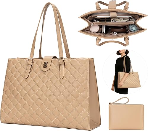 Miniatura 10 de Bolsa acolchada para laptop para mujer, bolsa de trabajo de 15.6 pulgadas, bolso de hombro de gran capacidad para negocios, oficina, viajes, uso