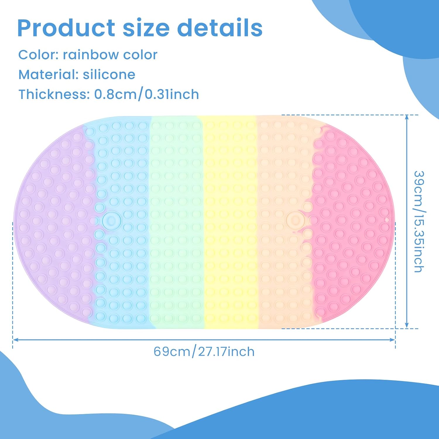 Baby & Toddler Bath Mat for Tub, Oval Shape Colorful Silicone Bathtub Mat, Heat Resistant Easy Cleaning Shower Tub Mats with Bubbles for Bathroom Shower Room, Colorful, Oval
