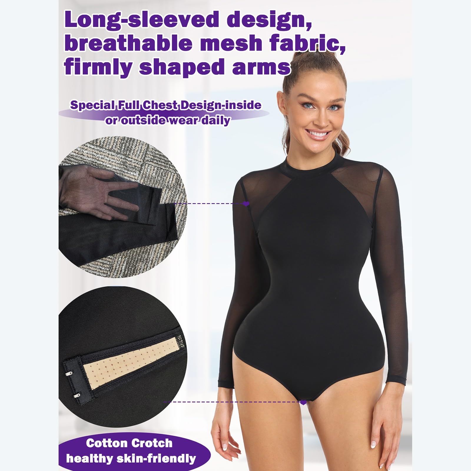 Body sexy transparente de manga larga con cuello redondo y bodycon de color sólido para mujer