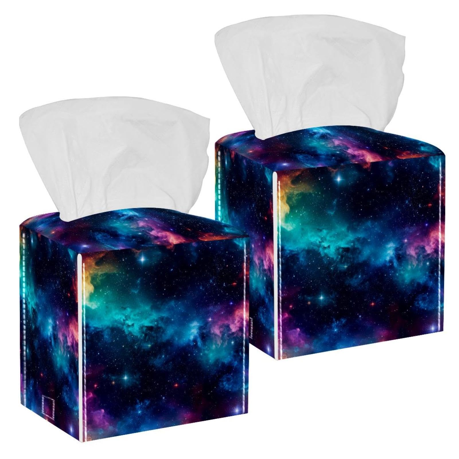 Nebula Starry Tissue Box Cover, 2 Pack PU Leather Square Facial Tissue Dispenser Box holder for Home Office Car