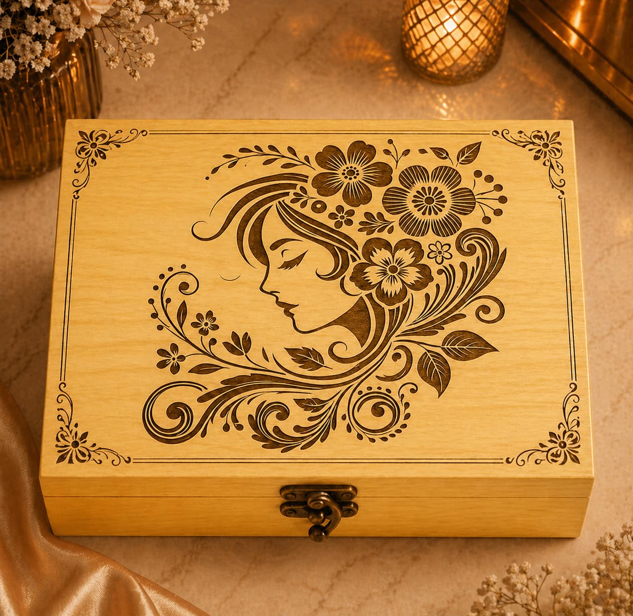 Joyero de madera personalizado para mujer, caja de almacenamiento de recuerdos grabada floral con cerradura, caja de recuerdos hecha a mano para anillos, aretes, collares