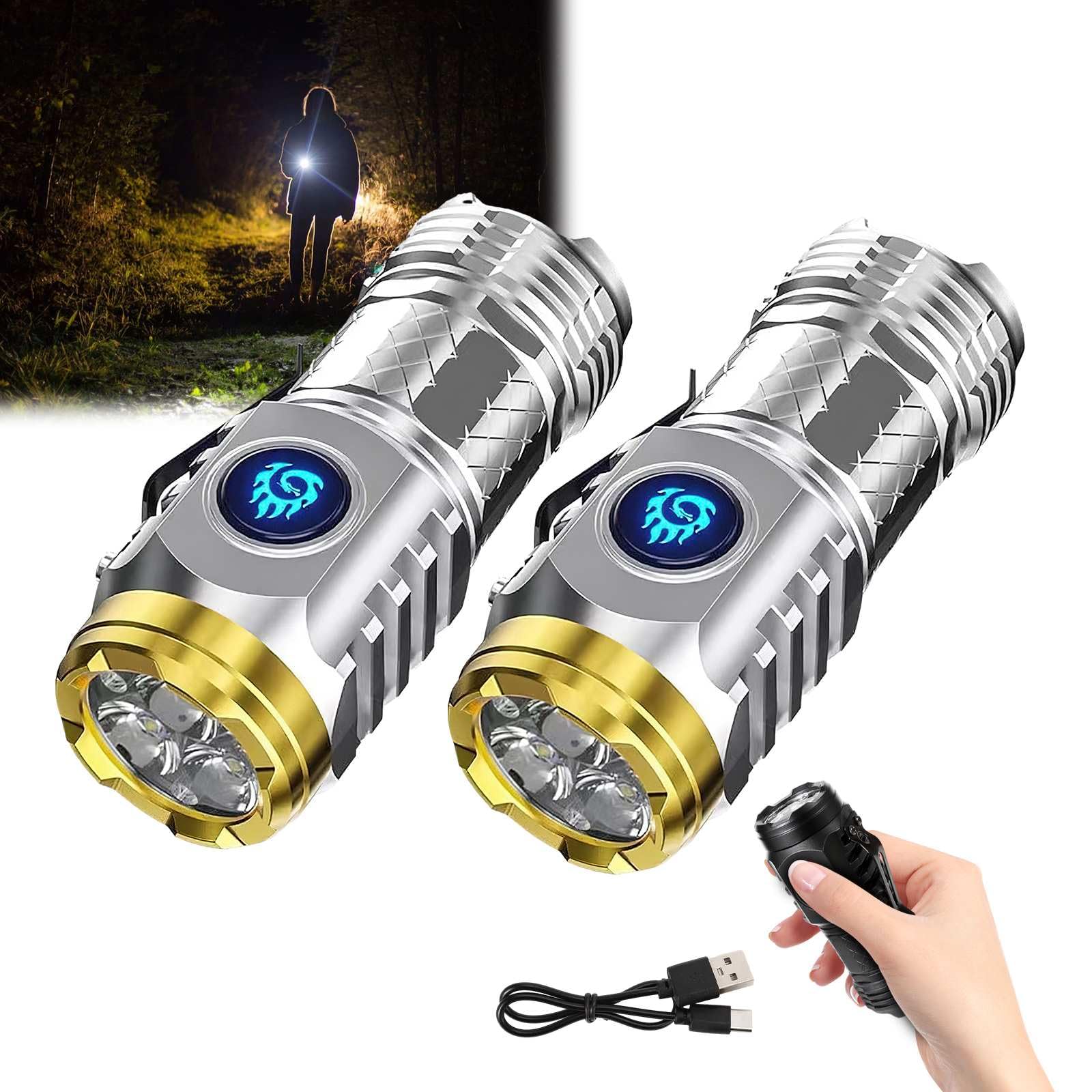 Three-Eyed Monster Mini Flashlight, Rechargeable LED Torch,Torches LED Super Bright,Pocket Flashlight,Portable Flashlight,Waterproof Pocket Torch for Outdoor Camping Hiking Emergency (Silver-2pcs)