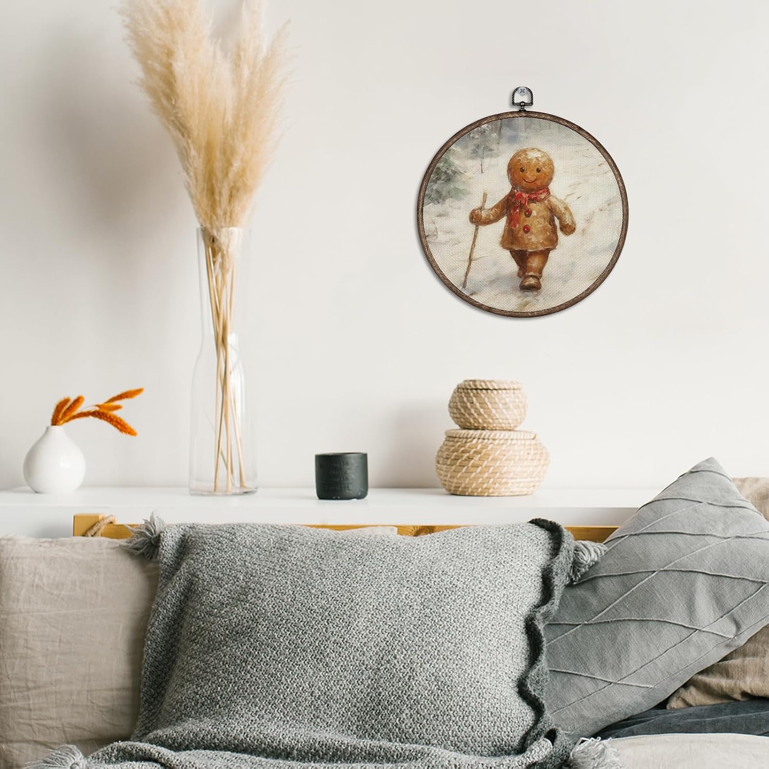 Giosve Winter Christmas Gingerbread Round Wall Art Canvas Framed Poster, Cozy Retro Winter Christmas Gingerbread Forest Hanging Wall Sculptures for Home Bedroom Living Room Decor, 10x10 Inch