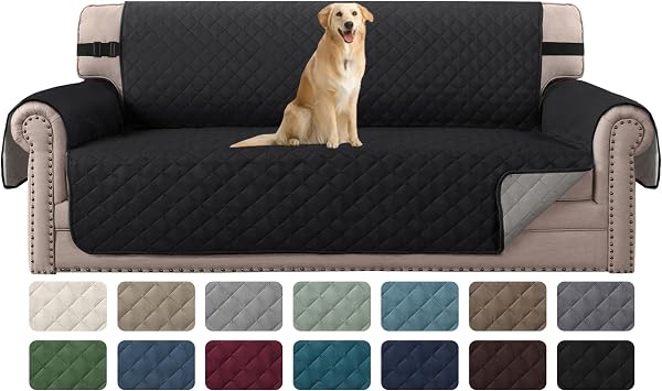 H.VERSAILTEX Water Resistant Couch Cover for 3 Cushion Couch Reversible Sofa Slipcover Quilted Furniture Protector with Elastic Strap Non Slip Sofa Cover for Dogs PetsSofa, Black/Grey