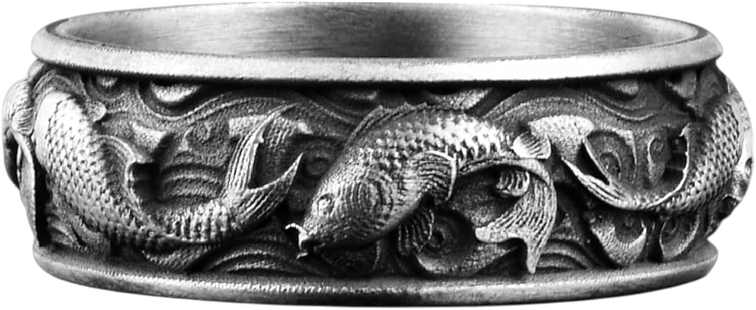 BySilveStone - Mens Koi Fish Carved Band Ring in Silver, Japanese Culture Gift Jewelry