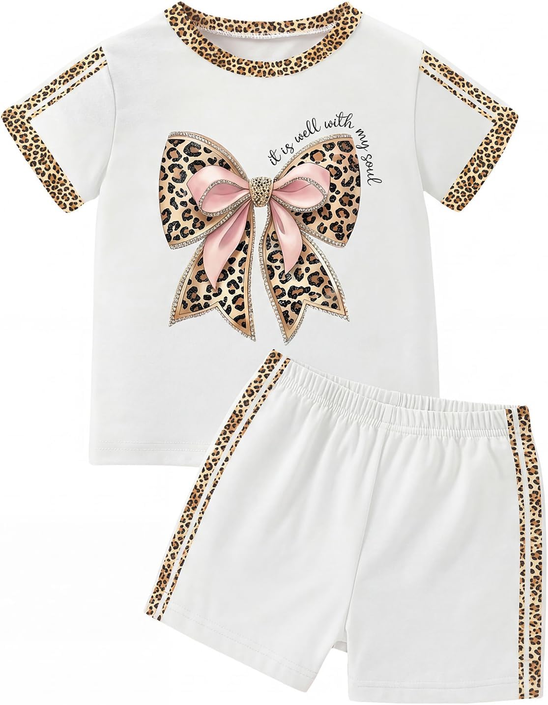 SOLY HUX Girl's Cute Summer Outfits Leopard Bow Print Preppy Clothes Short Sleeve Top and Shorts Matching Set