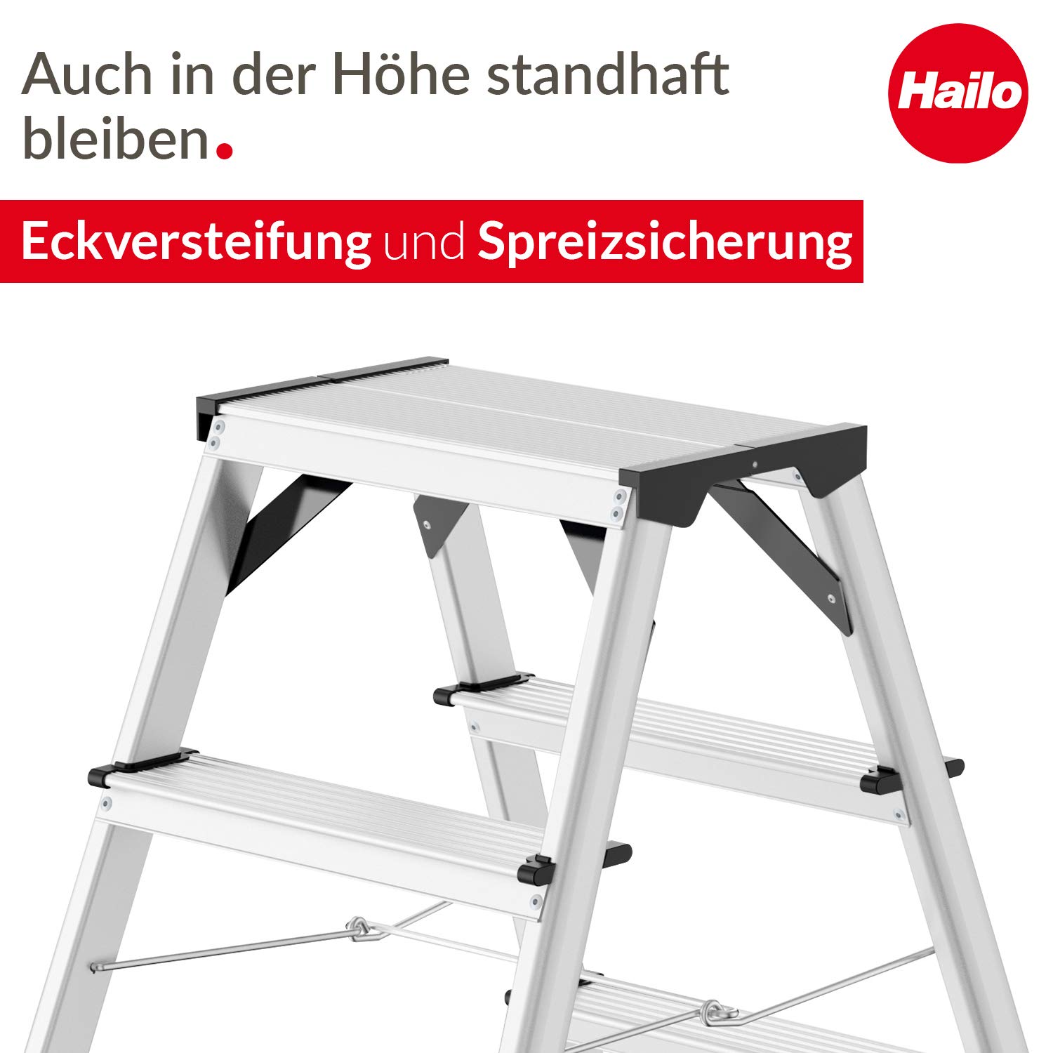 Hailo D60 StandardLine Alu-Doppelstufenleiter - 2x7 Stufen bis 150 kg - Leiter mit Spreizsicherung - Füße mit Soft-Grip-Sohle - mit stabilen Eckversteifungen - Alu Bockleiter rostfrei - Silber