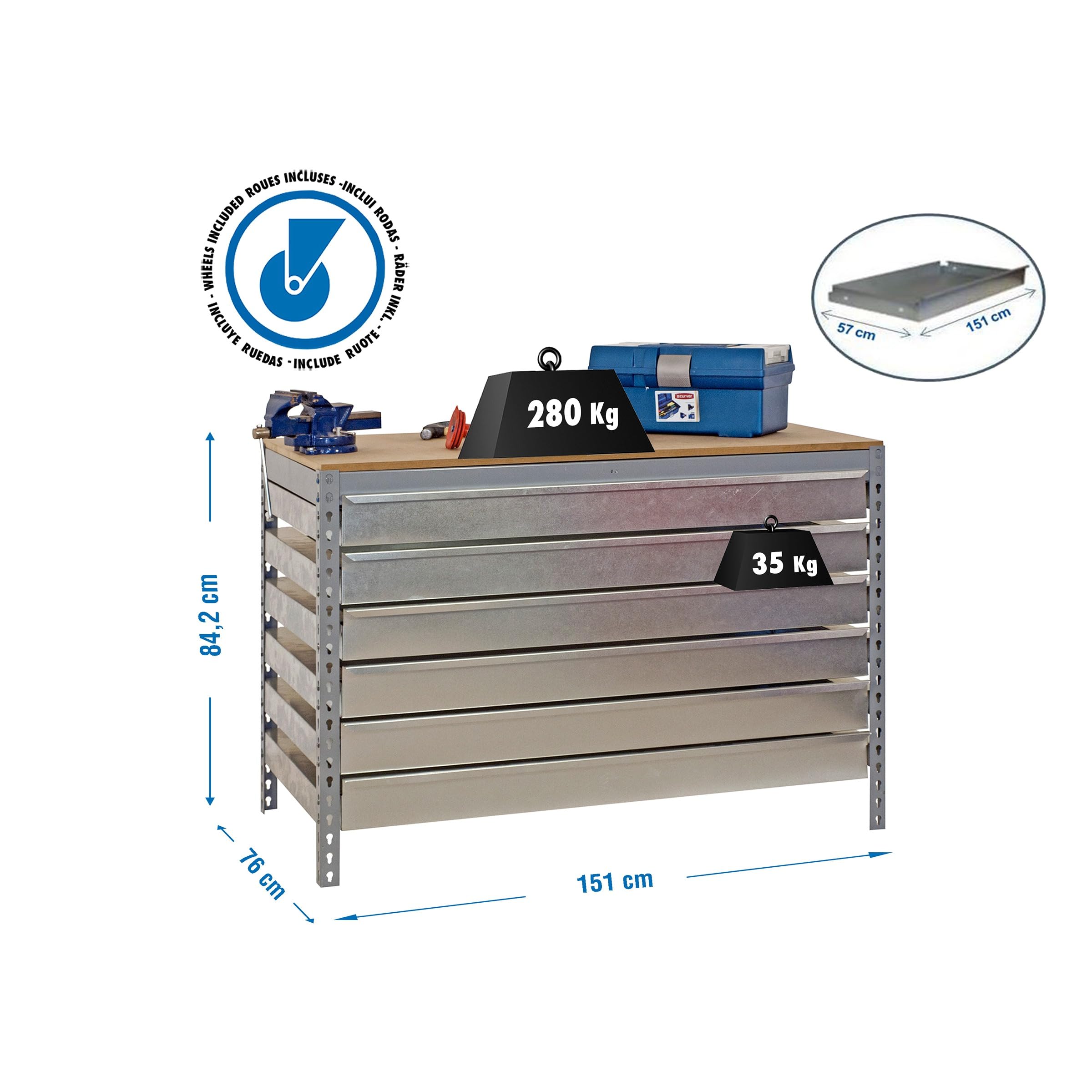 Simon Rack Banco de Trabajo Taller, Capacidad Carga 120 kg, 917x1510x760 mm, Mesa de Trabajo, Incluye Ruedas, 6 Cajones, Galva/Madera - BT5