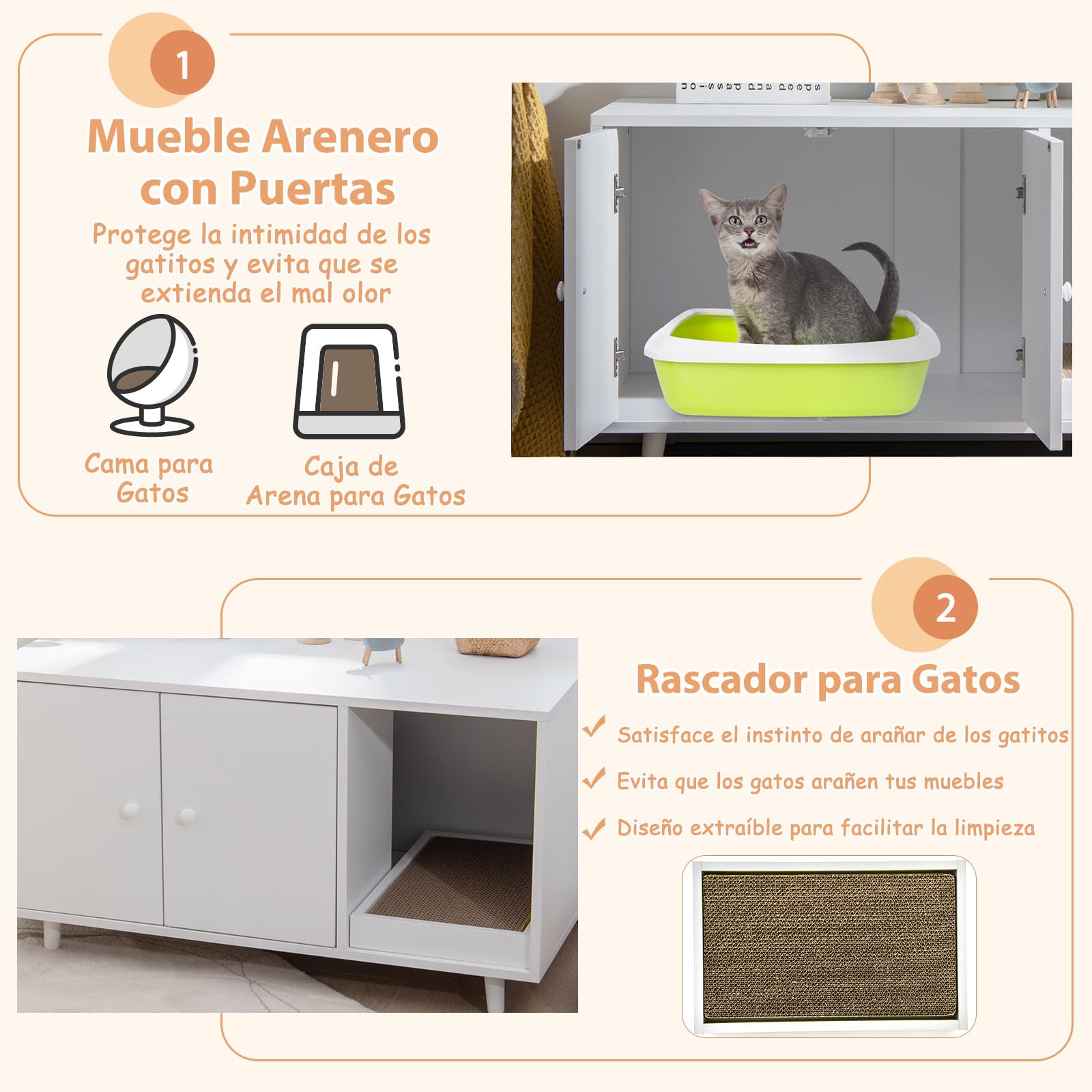 COSTWAY 3 en 1 Casa para Gatos con Rascador Extraíble, Mesa de Centro Auxiliar de Madera, Cueva para Gatos con 2 Puertas, Mueble Arenero de 90 x 50 x 50 cm (Blanco)