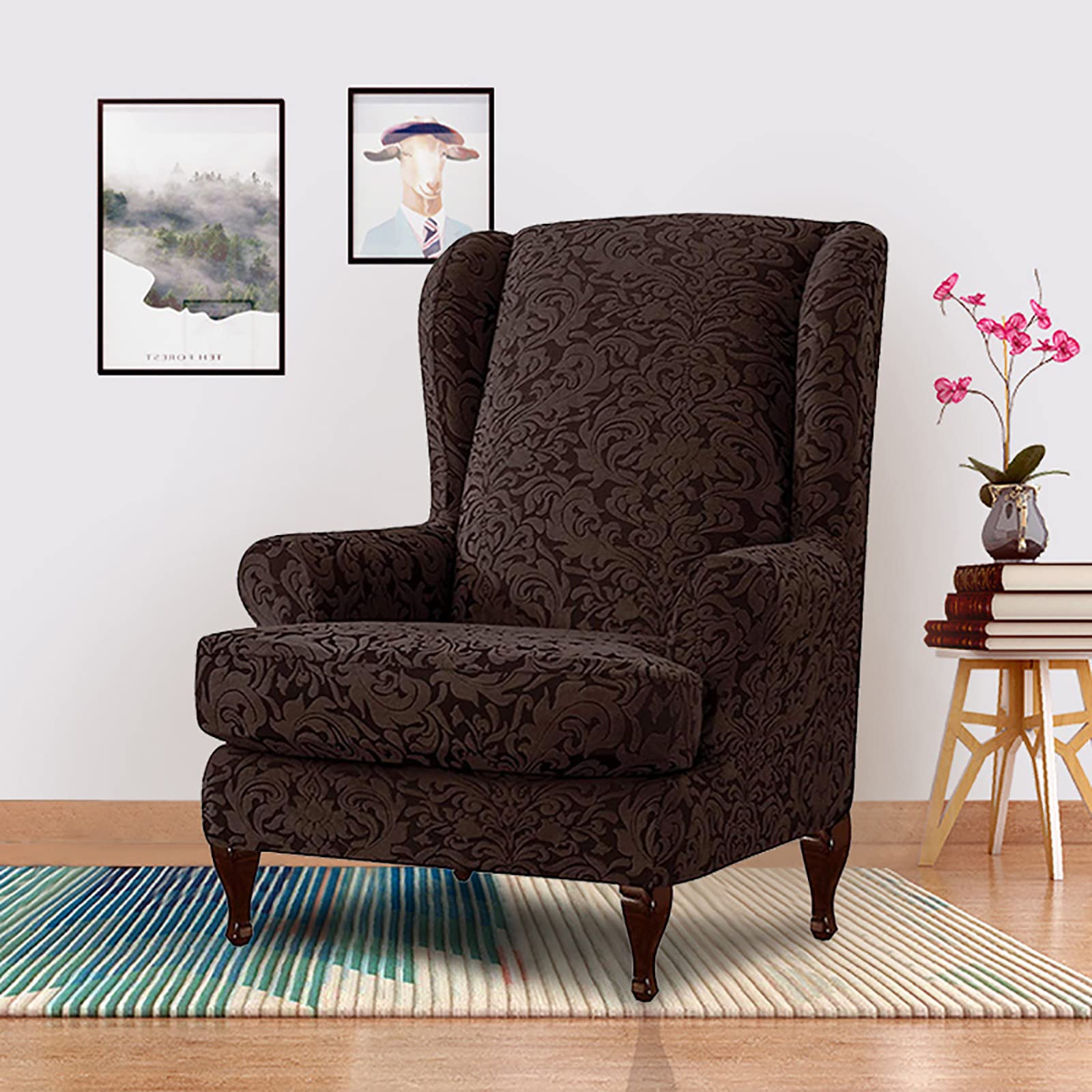 Sessel-Überwürfe Ohrensessel 2 Stück Elastische Husse Für Ohrensessel Spandex Jacquard Ohrensessel Überzug Stretch Sofa überzug waschbare Sesselhusse Ohrensessel -Dunkelbraun-2 Pieces