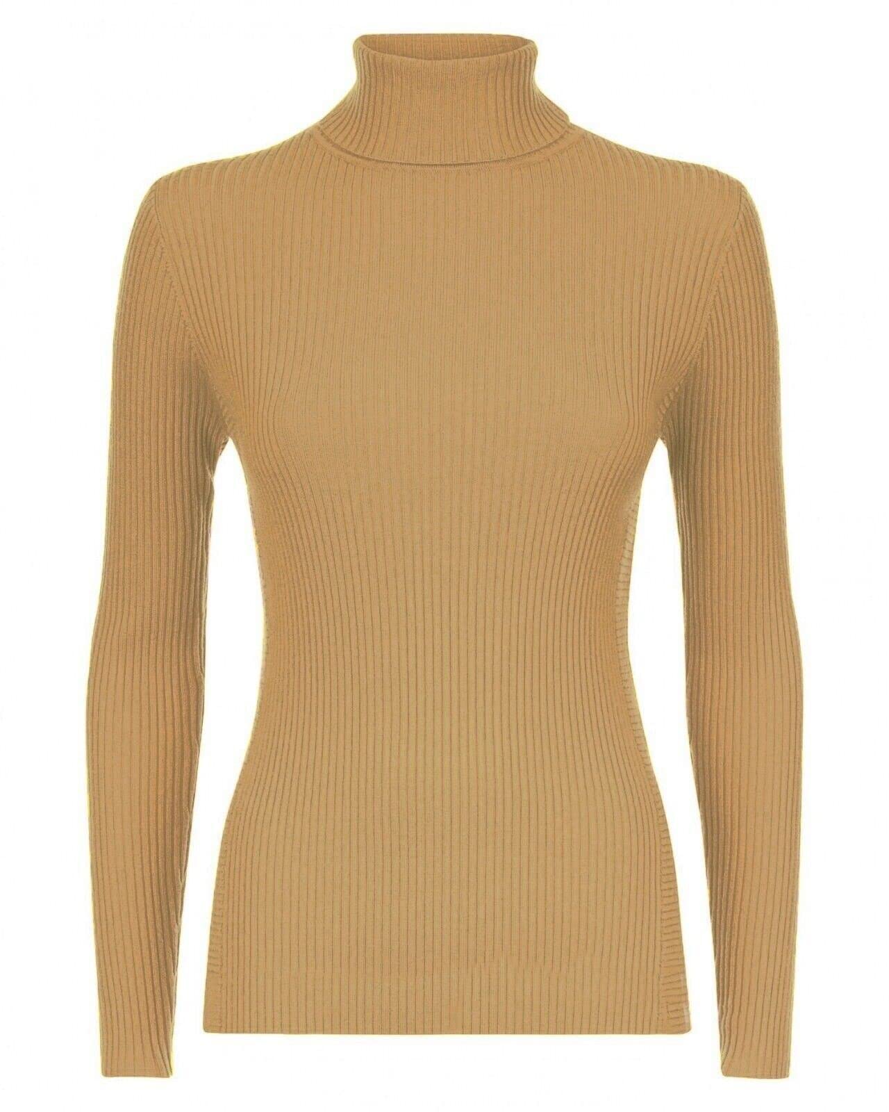 GUBA Womens Polo Neck TOP Ribbed Ladies ROLL Turtle HIGH Neck Jumper Long Sleeve Camel