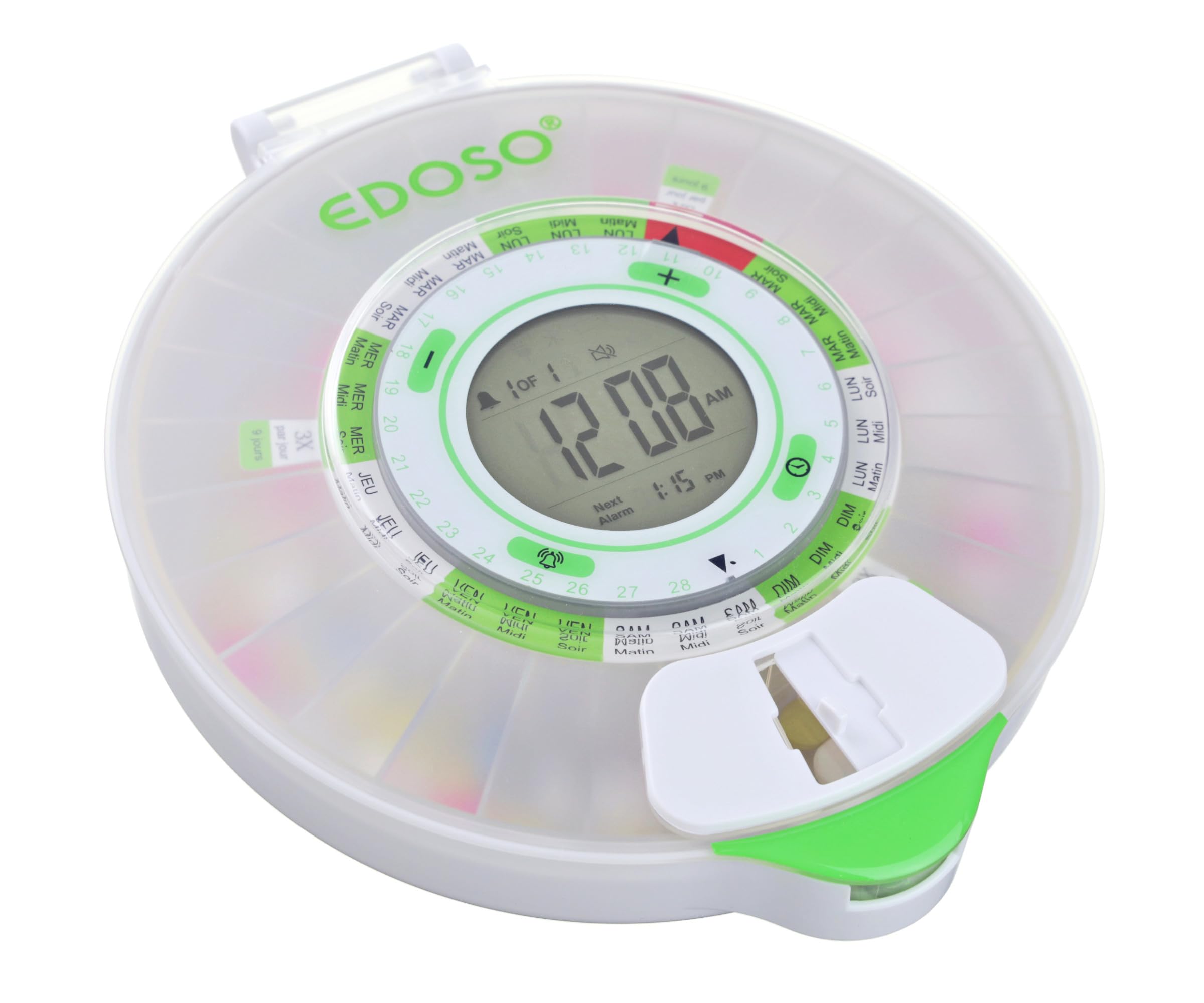 Pilulier électronique intelligent automatique avec alarme | Modèle 2021 | 9 alarmes par jour | Grand écran et boutons | Anneaux français | 2 fermetures sécurisées (Mat)