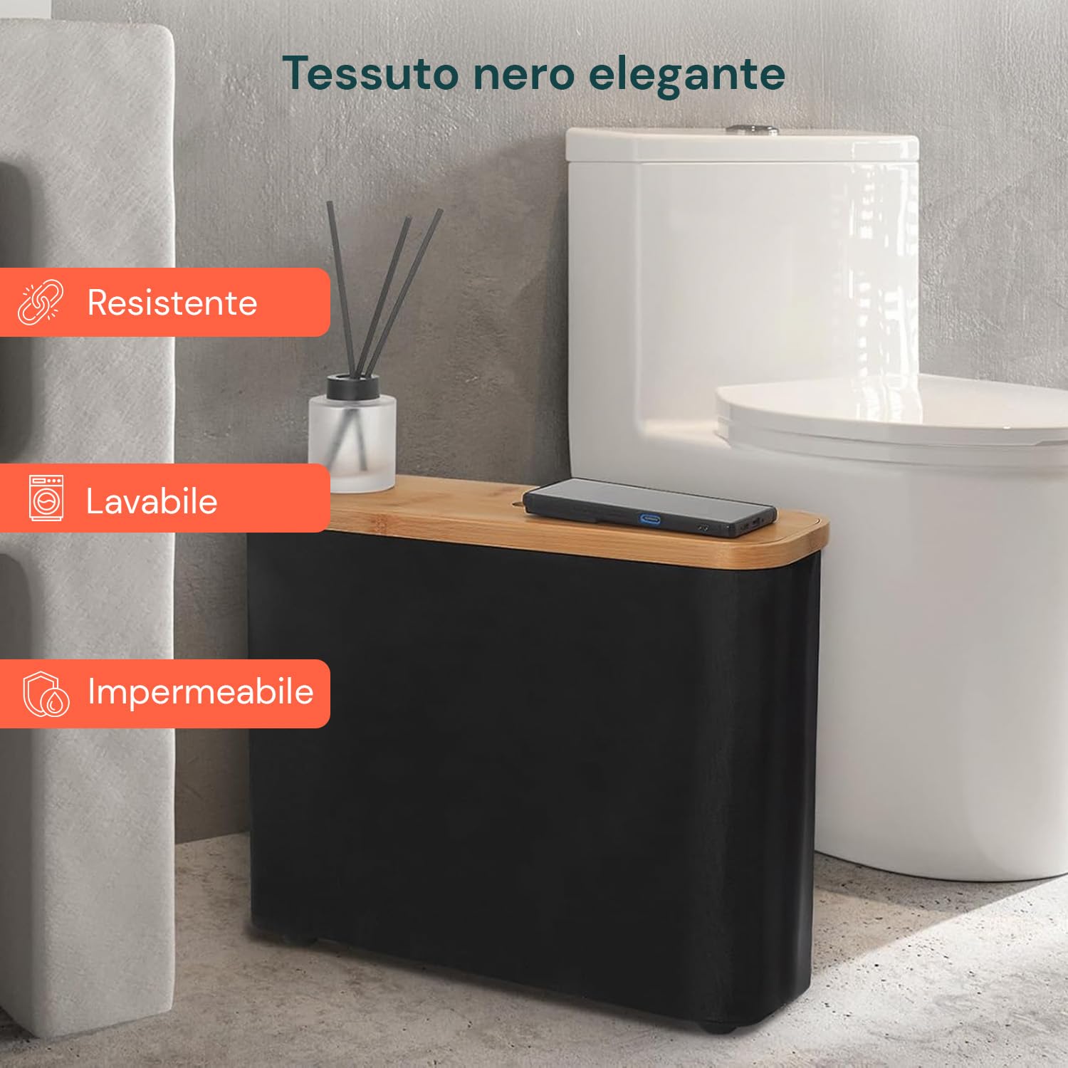 Wintem - Porta Carta Igienica in Tessuto Nero con Coperchio in Bambù Naturale, Design Elegante e Compatto per Accessori Bagno, Facile da Spostare e da Pulire, Capienza fino a 12 Rotoli