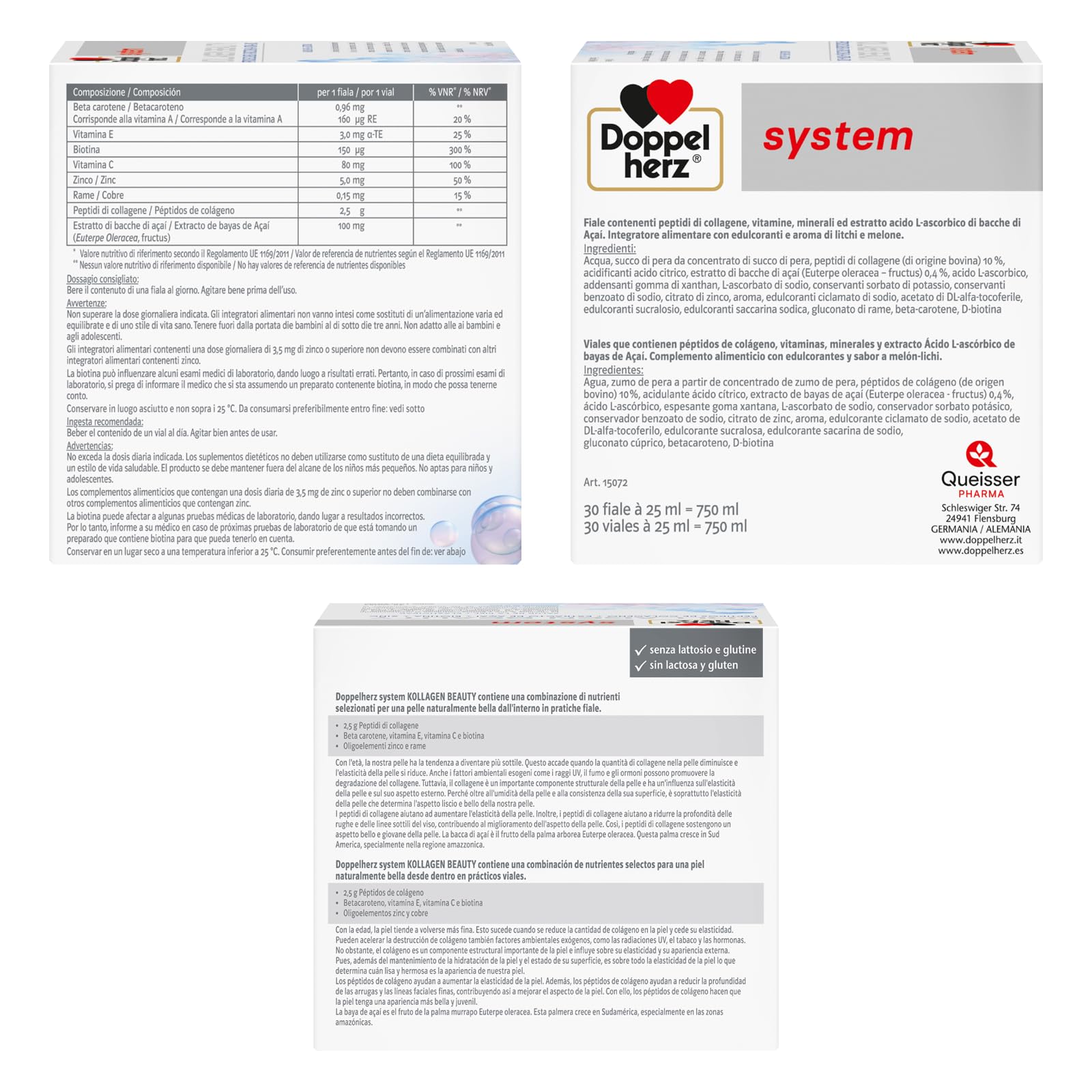 Doppelherz system KOLLAGEN BEAUTY - Complemento Alimenticio para Piel con Péptidos de Colágeno, Extracto de Açai, Biotina, Vitamina A, C y E, Zinc y Cobre, Sin Gluten ni Lactosa, 30 Viales