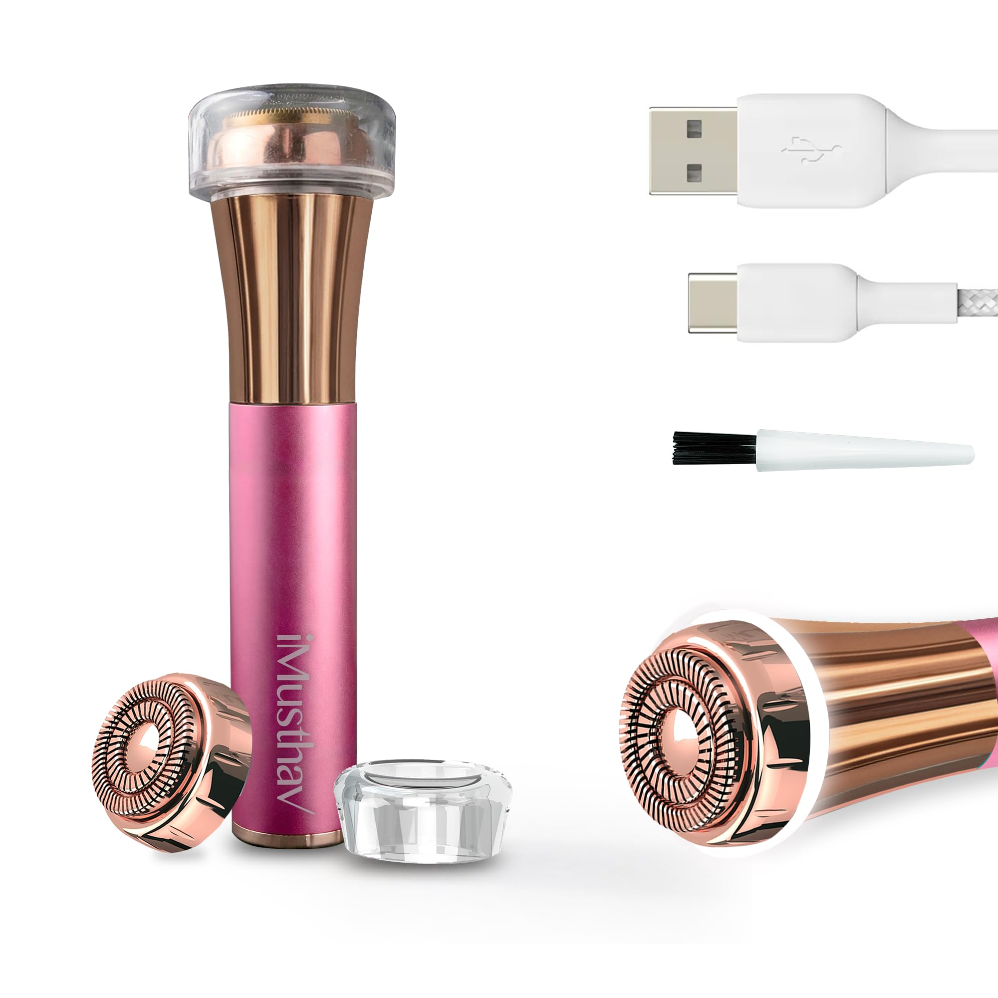 Removedor de vello facial para mujer, depilación facial sin dolor, maquinilla de afeitar eléctrica y recortadora chapada en oro de 18 quilates, cabeza flotante de doble anillo de 20 mm