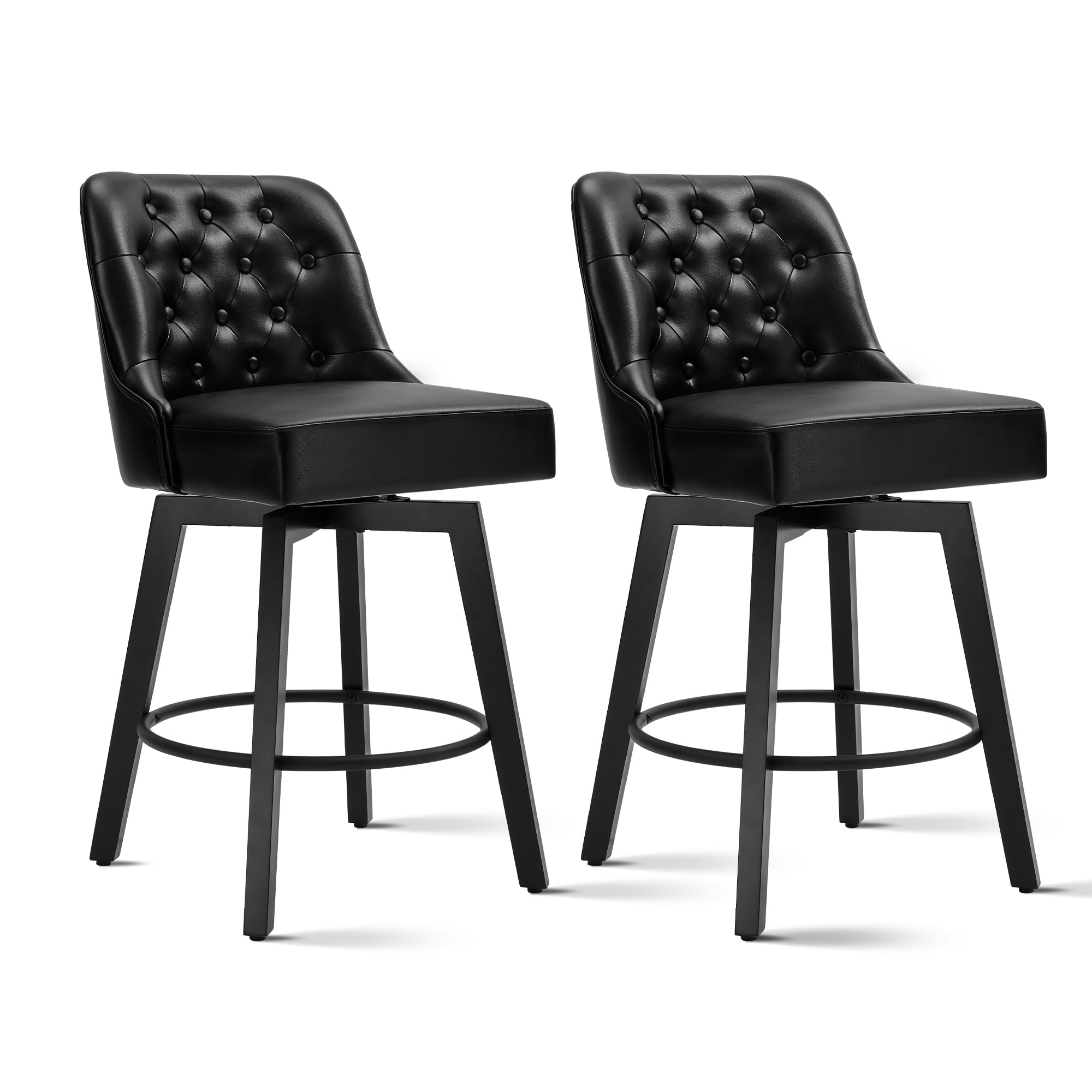 Counter Height Swivel Barstools with Back,26" H Seat Height Upholstered Fabric Bar Stools for Kitchen Island,Set of 2,Leather in Black