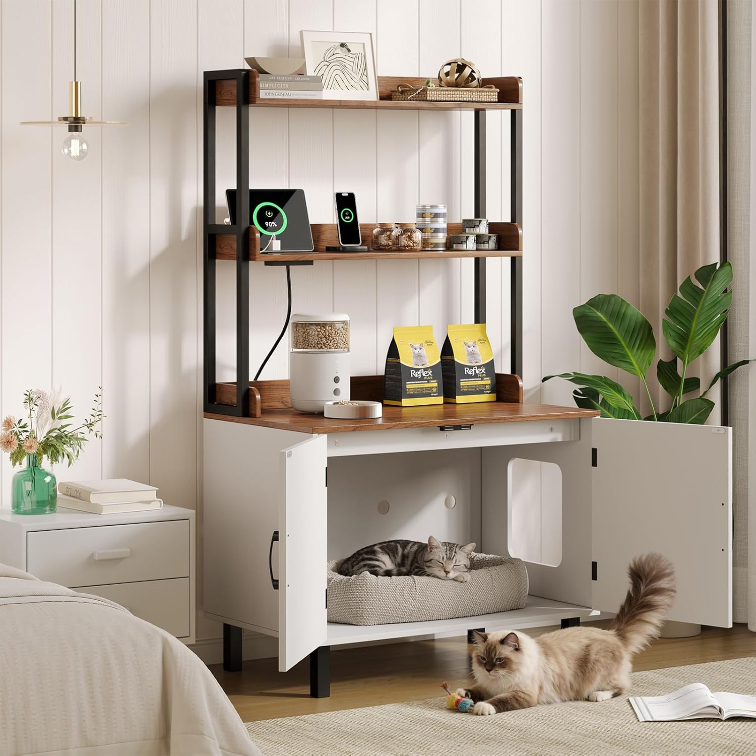 55'' Litter Box Enclosure with Shelves, Modern Cat Litter Box Furniture with Power Outlets&Storge, Hidden Cat House for Indoor Livingroom,Bedroom & Entryway,White