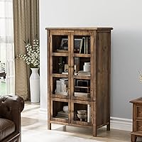 VINGLI Rustic Walnut Storage Cabinet with Glass Doors, 4 Shelves & Drawer - Farmhouse Display Case for Kitchen & Living Room