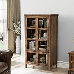 VINGLI Rustic Storage Cabinet with Glass Doors & Shelves, Walnut Finish