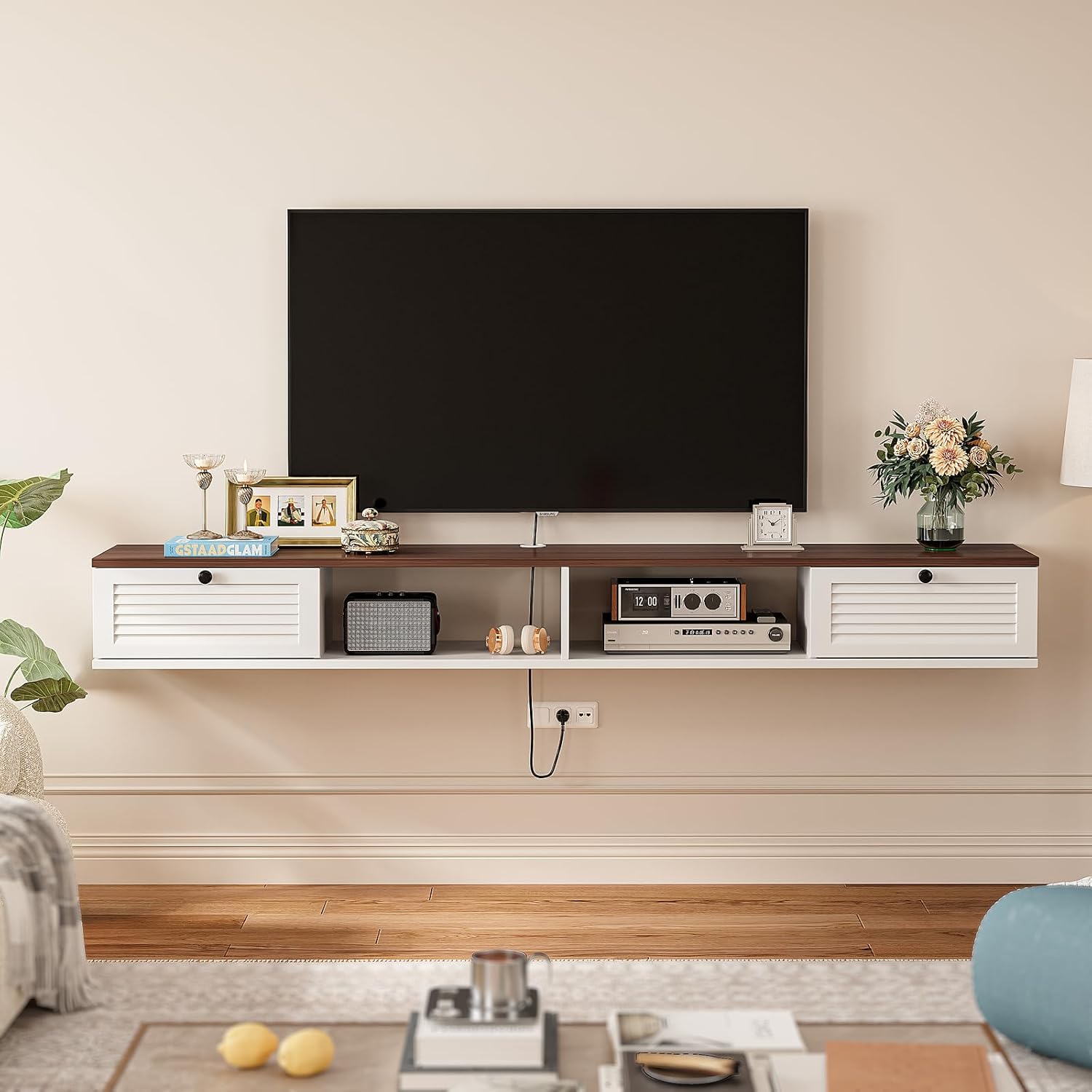 Floating TV Stand,Plywood Wall Mounted Media Console with 2 Doors & Open Storage, Modern Under TV Cabinet for Living Room & Bedroom,White & Walnut, 47 inch