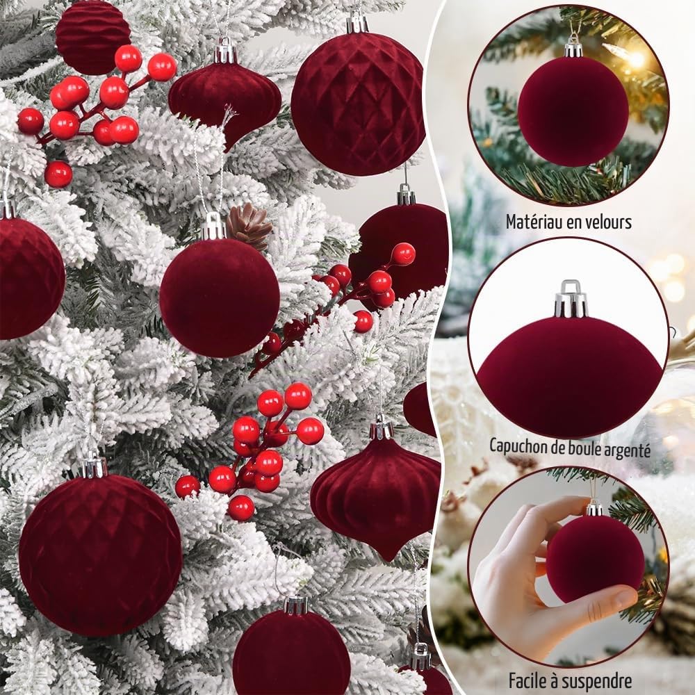 XIMISHOP Lot de 28 boules de Noël en velours, boules rouges floquées incassables pour décoration de Noël, boules suspendues pour décoration de sapin de Noël et de maison pour les fêtes