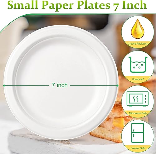 Miniatura 2 de Greconv Platos de papel pequeños, paquete de 200 platos de papel a granel de 7 pulgadas, platos de papel 100% compostables desechables, platos de