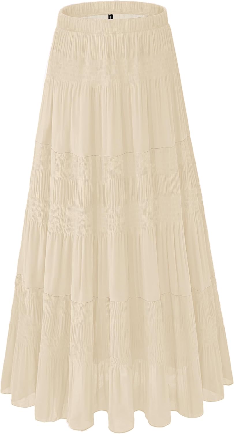 Women's Chiffon White Flowy Maxi Skirts Boho Fall Elastic Waisted Pleated A Line Long Skirt for Women 2025