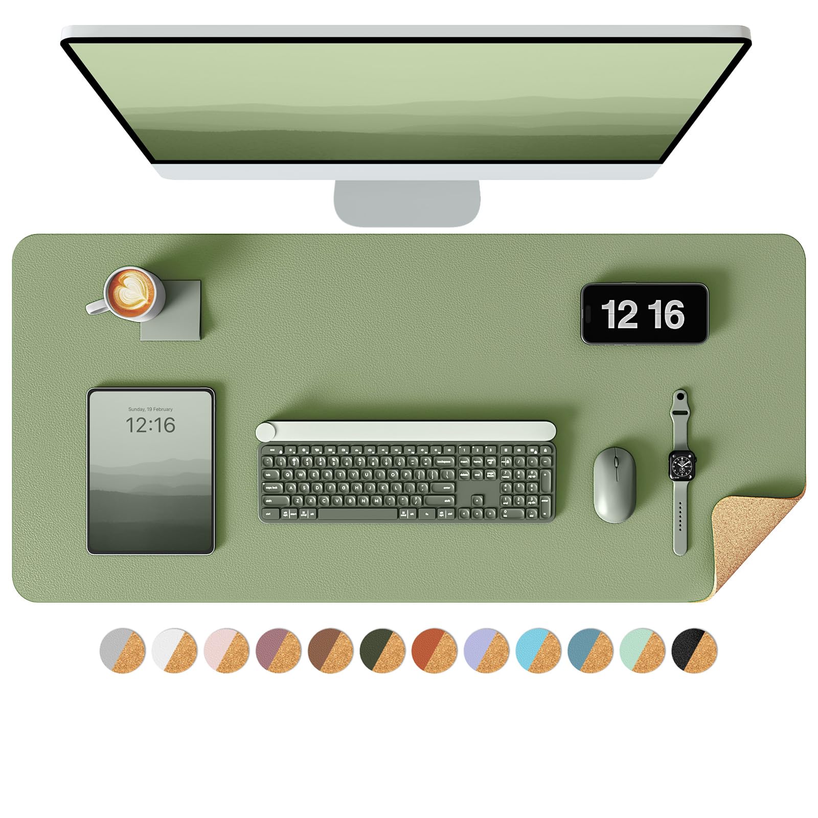 YSAGi Double-Sided Desk Pad, 35.4"x17"Leather Desk Mat, Eco Cork Desk Pad Protector,Large Mouse Pad,Waterproof Desk Blotter for Office/Home(Bamboo Green) Bamboo Green 35.4"x17"