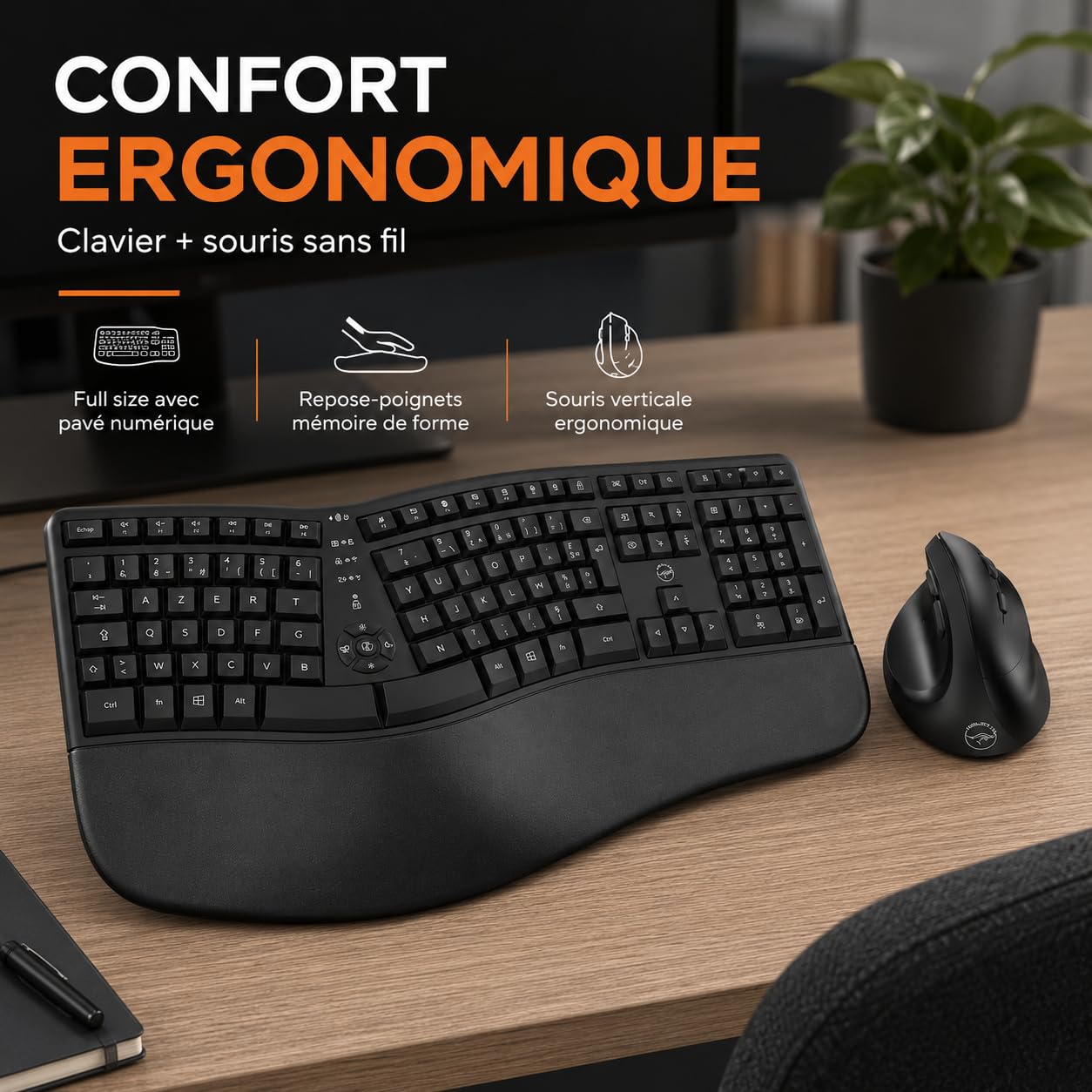 Mobility Lab Ergo C30W Combo Clavier + Souris Sans Fil Ergonomique - Inclinaison Ajustable, DPI Réglables - Repose-Poignets Mémoire de Forme - AZERTY - Bureau, Maison, Gaming, Sans Câbles